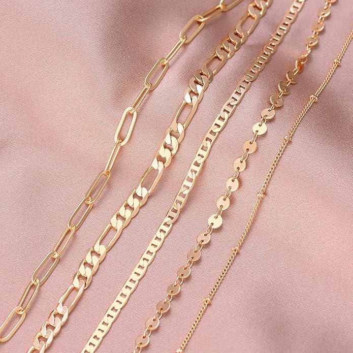 Dainty Layered Gold Chain Bracelet for Women 14K Gold Plated Handmade Adjustable Bracelet Satellite Beads Oval Mariner Figaro Link Chain Bracelets Minimalist Layering Stacking Jewelry Gift for Women