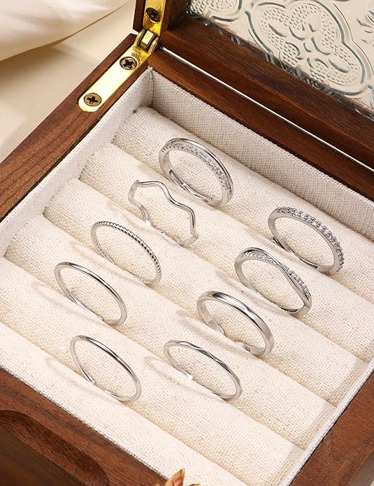 Jstyle Gold Stackable Rings for Women Non Tarnish Open Adjustable Rings Cubic Zirconia Thin Thumb Silver Ring Set 14K Gold Filled Pinky Knuckle Stacking Set - Dainty Statement Promise Band Ring Sets