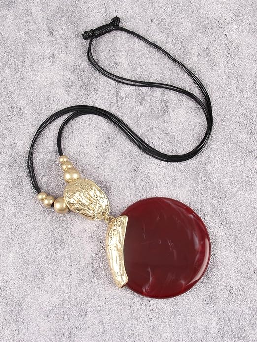 GelConnie Leather Necklace for Women Large Pendant Long Brown Necklace Circle Leather Choker Vintage Sweater Necklace Gold Chunky Boho Necklaces for Women