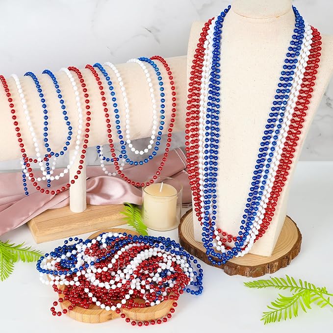 100 PCS 4th of July Beads, 33" Patriotic Beads Necklaces Bulk, Red White Blue Necklace Bulk, Independence Day Party Parade Throw Accessories Set for Memorial Day Fourth of July Party Supplies