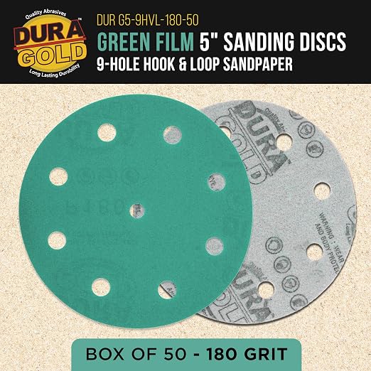 Dura-Gold Premium 180 Grit 5" Green Film Sanding Discs, 9-Hole Pattern - Image 2