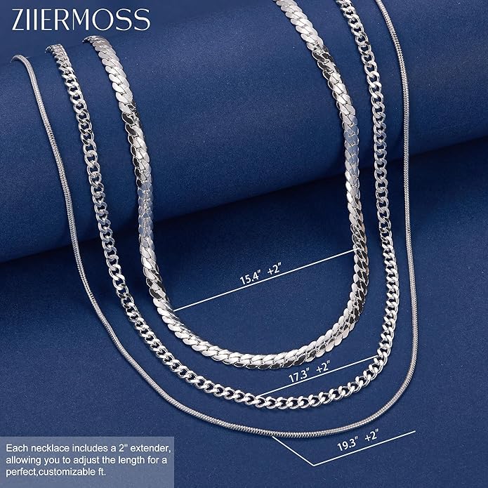 3PCS Gold Necklaces for Women,Chunky Statement Gold Plated Necklace Stack Layered Sterling Silver Herringbone Chains for Women Dainty Trendy Silver Chains Stacked Jewelry Gifts