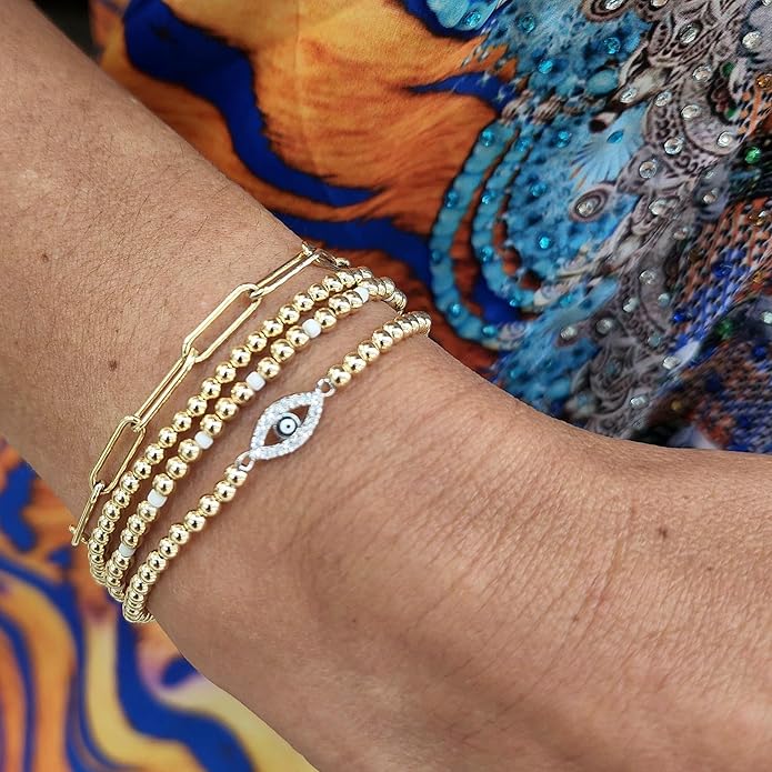Gold Bracelets for Women 14K Gold Plated Bead Bracelet Hypoallergenic Stretch Bracelets for Women Elastic Bracelet Trendy Teen Gift Dainty Jewelry for Women