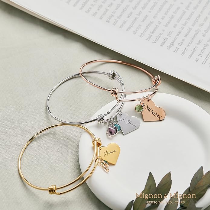 MignonandMignon Heart Birthstone Bracelet Personalized Gift for Her Family Birthstone Jewelry Customized Bangle - ABR-LH-BS