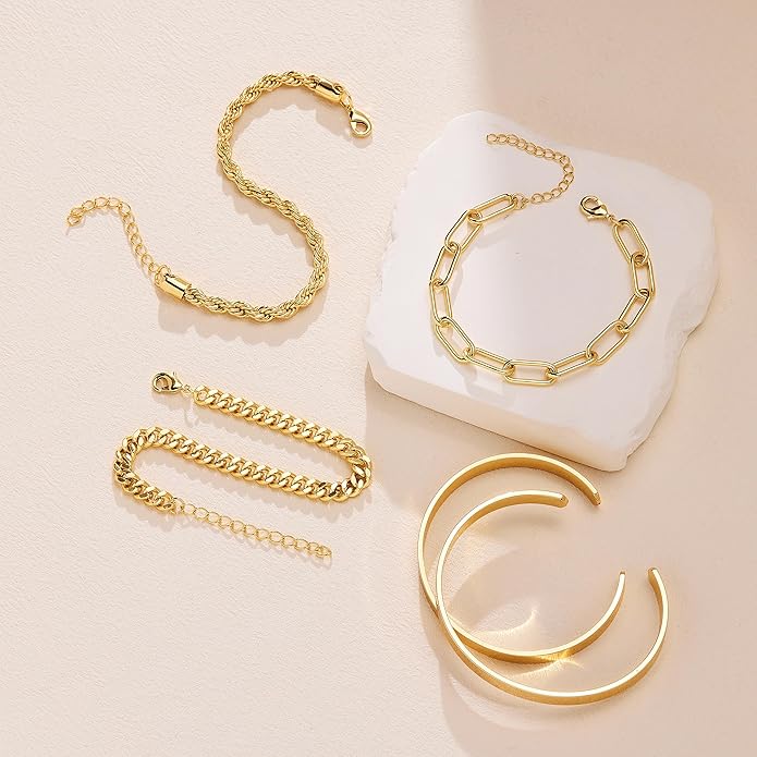 Gold Bracelets Set for Women Non Tarnish, 14K Gold Plated Sterling Silver Chunky Cuff Bracelet Stackable Gold Bangles Bracelet for Women Trendy Fashion Accessories Tie Knot Cuban Rope Paperclip Beaded Bracelet Stack Jewelry Valentines Day Gifts