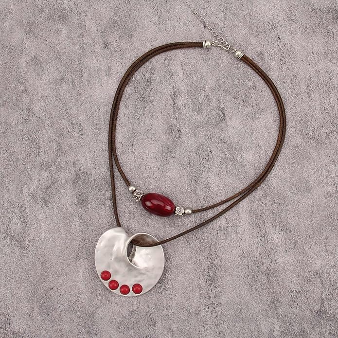 Boho Necklaces for Women Chunky Circle Necklace Layered Boho Circle Leather Choker Necklace Long Vintage Necklaces Bohemian Jewlery Gifts