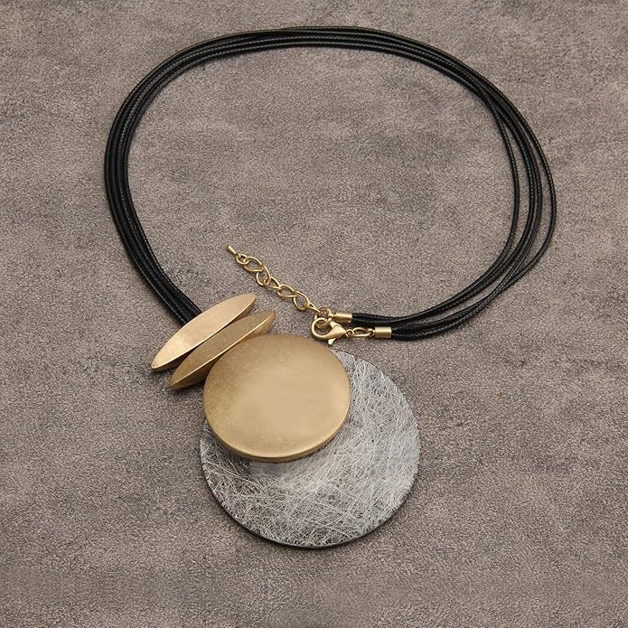 GelConnie Leather Necklace for Women Large Pendant Long Brown Necklace Circle Leather Choker Vintage Sweater Necklace Gold Chunky Boho Necklaces for Women
