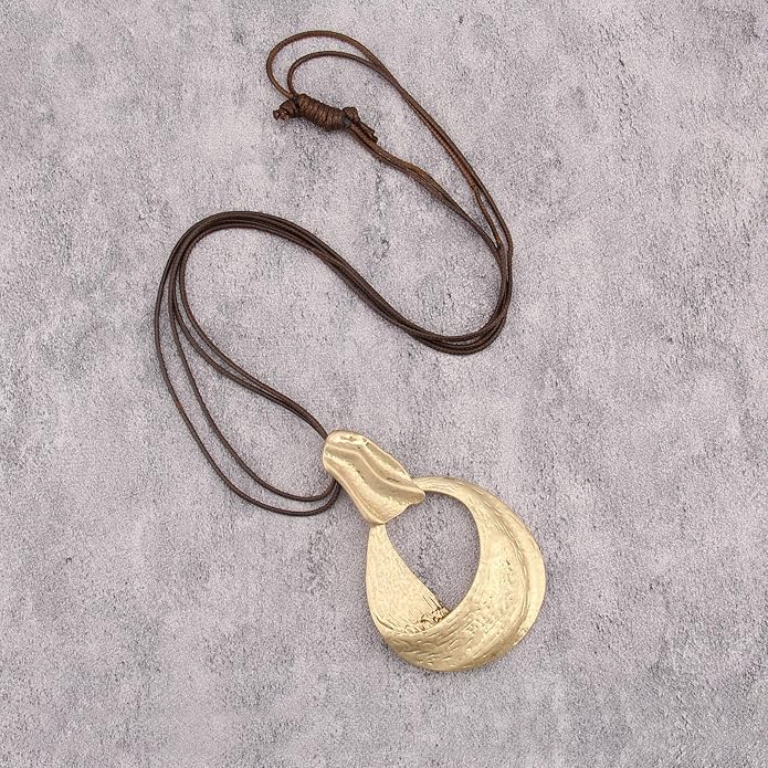 GelConnie Leather Necklace for Women Large Pendant Long Brown Necklace Circle Leather Choker Vintage Sweater Necklace Gold Chunky Boho Necklaces for Women