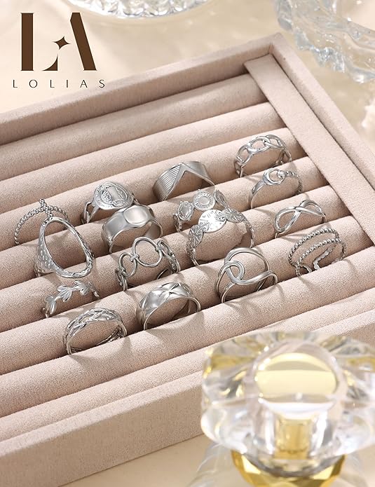 LOLIAS 16Pcs Stackable Stainless Steel Rings for Women Chunky Silver Rings Non Tarnish Ring Open Adjustable Thumb Finger Statement Ring Set