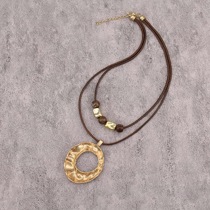 Boho Necklaces for Women Chunky Circle Necklace Layered Boho Circle Leather Choker Necklace Long Vintage Necklaces Bohemian Jewlery Gifts