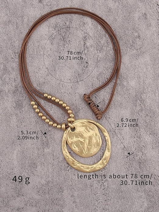 Boho Leather Necklace Women Bohemian Brown Circle Pendant Necklace Choker Long Necklaces for Women Boho Ring Large Pendant