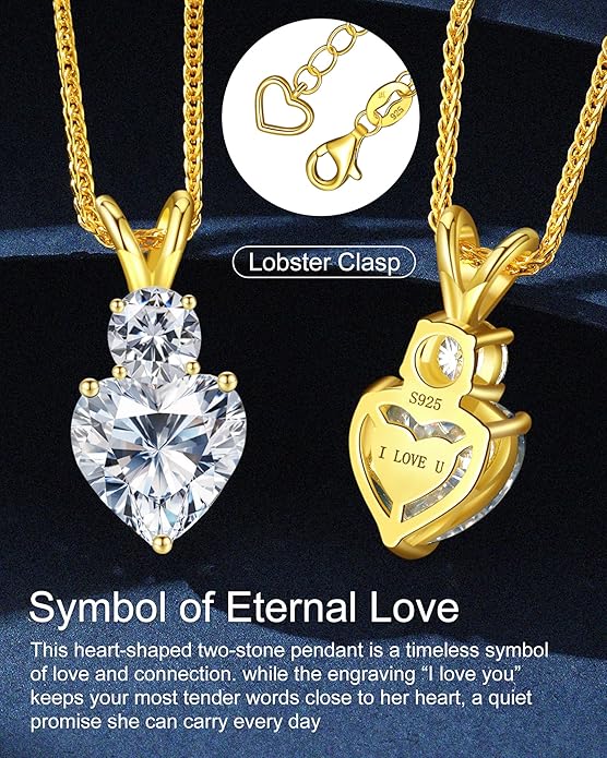 Forever Love Heart Pendant Necklaces for Women, 2-5 Carat Heartshape Moissanite Sterling Silver Pendant Jewelry, Ideal Anniversary Present or Birthday Gifts for Wife Her Girlfriend Mom Daughter