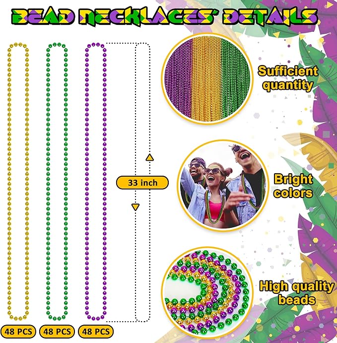 144PCS Mardi Gras Beads, Mardi Gras Green Purple Gold Metallic Necklaces Accessories Bulk, Mardi Gras Beads Necklace Costumes for Parade Throws Party Decorations Favor Supplies