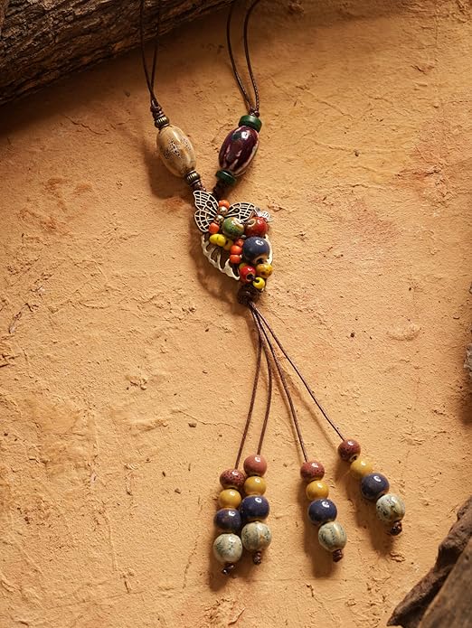 MINACHI Hippie Boho Colorful Ceramic Bead Butterfly Charm Pendant Y Necklace, Vintage Bohemian Statement Jewelry Gift for Women