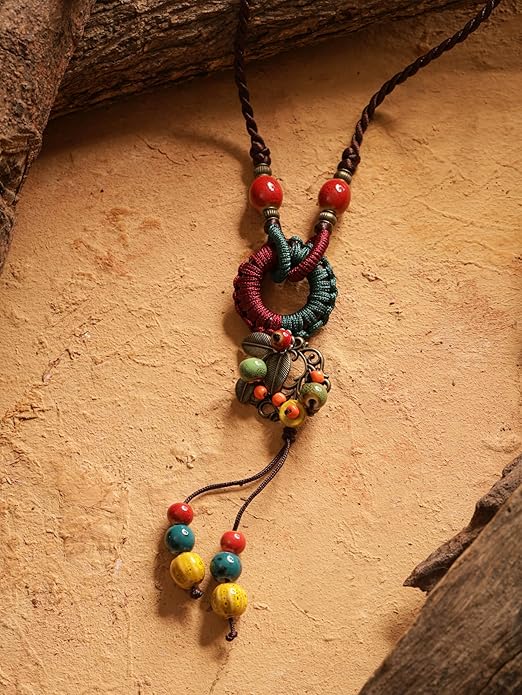 MINACHI Boho Hippie Colorful Ceramic Beads Strand O Ring Circle Charm Long Y Necklace, Vintage Bohemian Statement Jewelry Gift for Women