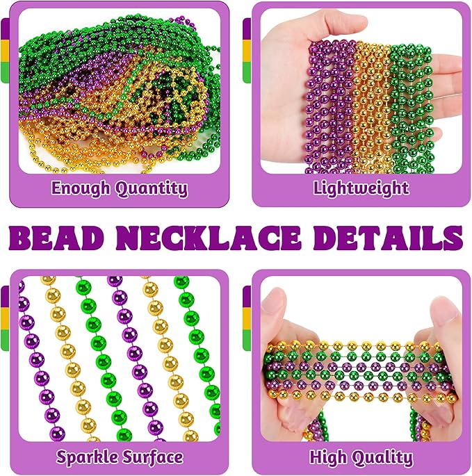 100 PCS Mardi Gras Beads, 33" Mardi Gras Beads Necklaces Bulk, Round Purple Gold Green Beads Bulk, Parade Throw Accessories Set Carnival Mardi Gras Party Supplies Favors Decorations