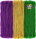 100 PCS Mardi Gras Beads, 33" Mardi Gras Beads Necklaces Bulk, Round Purple Gold Green Beads Bulk, Parade Throw Accessories Set Carnival Mardi Gras Party Supplies Favors Decorations