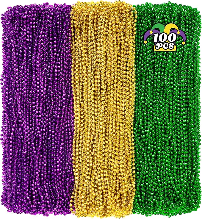 100 PCS Mardi Gras Beads, 33" Mardi Gras Beads Necklaces Bulk, Round Purple Gold Green Beads Bulk, Parade Throw Accessories Set Carnival Mardi Gras Party Supplies Favors Decorations