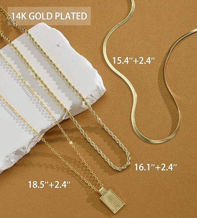 YEEZII Layered Gold Necklaces for Women Trendy, 3 Pcs 14K Gold Plated Choker Paperclip Box Chain Necklace, Stackable Women's Gold Pendant Necklaces Jewelry Set