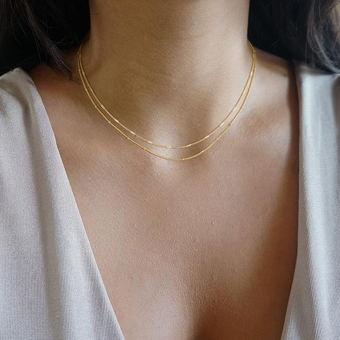 CHESKY 14k Gold Plated/Silver Plated Dainty Necklace for Women, Trendy Satellite Choker Necklace Thin Beaded Layered Choker Necklaces Discs Paperclip Chain Necklaces Womens Simple Jewelry