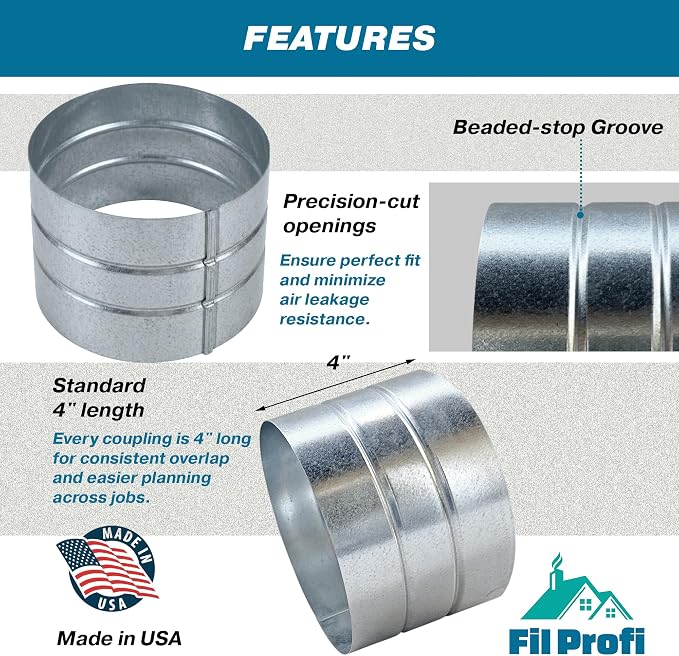 Outside-Fit. 8 Inch Diameter. Round Duct Coupling Sleeve, Galvanized Steel — - Image 4