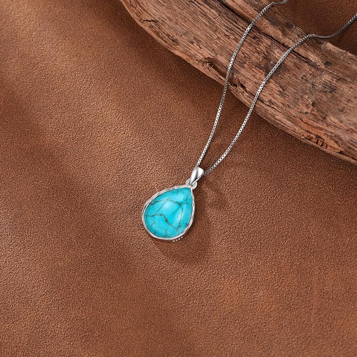 Genuine Turquoise Teardrop Necklace,925 Sterling Silver Native American Boho Western Dainty Pendant Real Gemstone Jewelry Birthdays Gift for Women Minimalist Lover