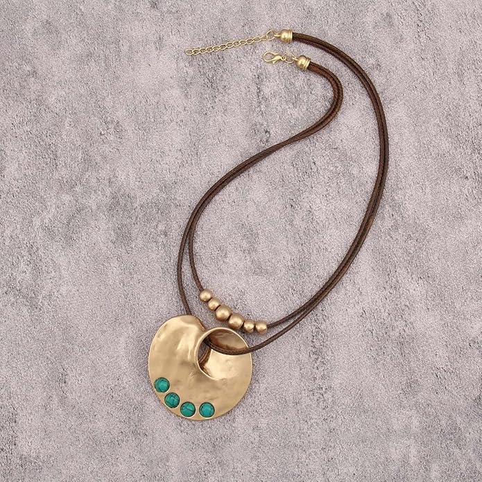 Boho Necklaces for Women Chunky Circle Necklace Layered Boho Circle Leather Choker Necklace Long Vintage Necklaces Bohemian Jewlery Gifts