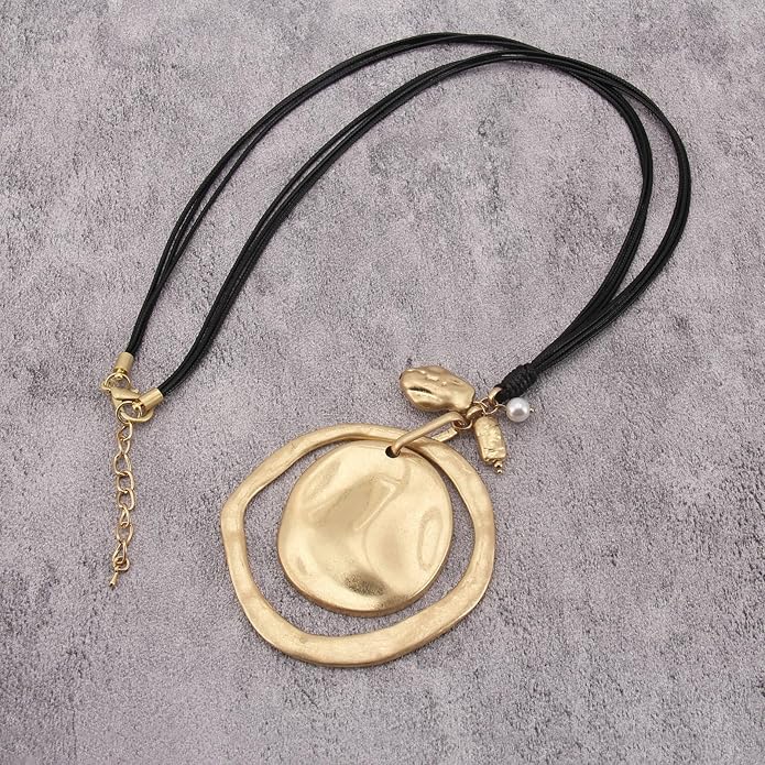 GelConnie Leather Necklace for Women Large Pendant Long Brown Necklace Circle Leather Choker Vintage Sweater Necklace Gold Chunky Boho Necklaces for Women