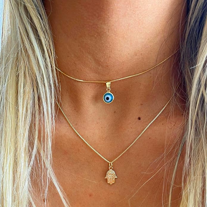 Evil Eye Necklace for Women 14K Gold Plated Delicate Necklaces Blue White CZ Diamond Pendant Necklace Cute Boho Tiny Evil Eye Lucky Protection Jewelry Gift for Women