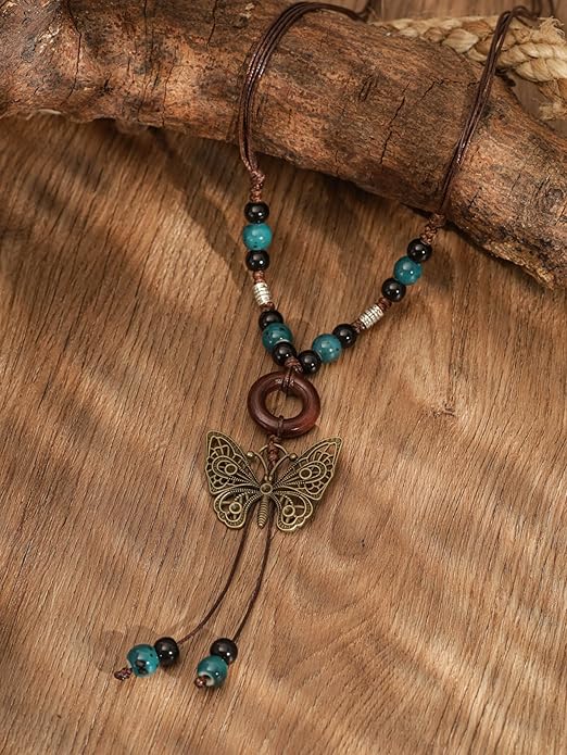 MINACHI Hippie Boho Colorful Ceramic Bead Butterfly Charm Pendant Y Necklace, Vintage Bohemian Statement Jewelry Gift for Women