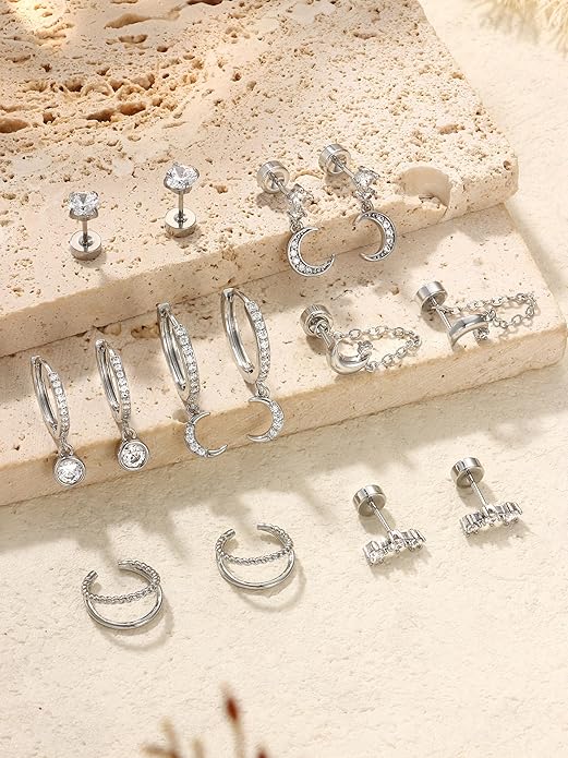 Dochais Flat Back Cartilage Earrings for Women Trendy Dainty CZ Flatback Studs Earing Sets 14k Gold Plated Hypoallergenic Huggie Hoops Earring Stacks for Multiple Piercing