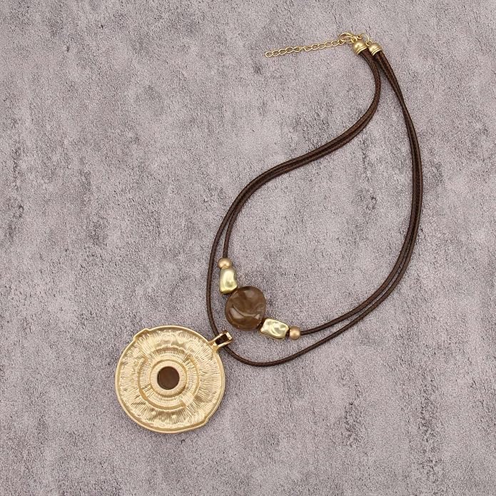 Boho Necklaces for Women Chunky Circle Necklace Layered Boho Circle Leather Choker Necklace Long Vintage Necklaces Bohemian Jewlery Gifts