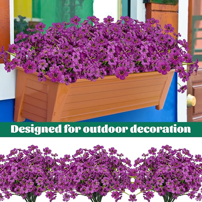 24 Pcs Artificial Flowers for Outdoor, Plastic Fake Flowers Decor, Fuchsia | UV - Image 3