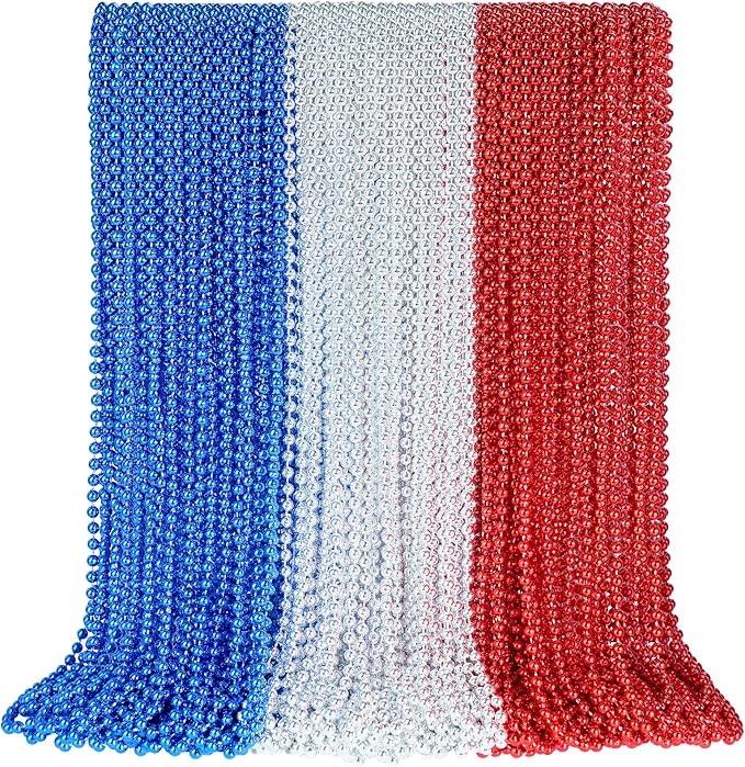 SHAOQINLIN 100 PCS Patriotic Bead Necklaces, 4th of July Accessories 33 Inch Metallic Red/Silver/Blue Beaded Necklace for Patriotic Day, Carnival Party Favor
