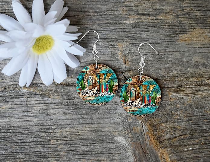Round Wood Earrings Light Weight Printed Image Dangle Jewelry