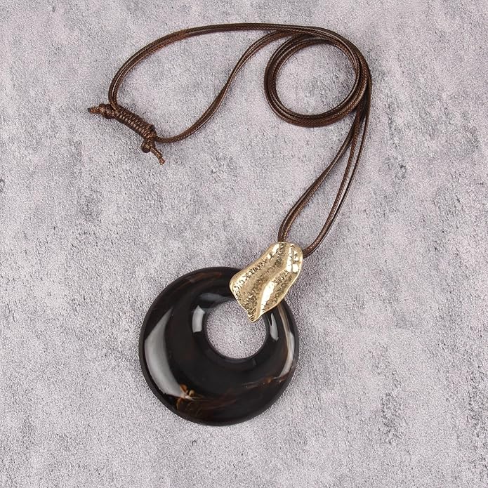 Boho Leather Necklace Women Bohemian Brown Circle Pendant Necklace Choker Long Necklaces for Women Boho Ring Large Pendant