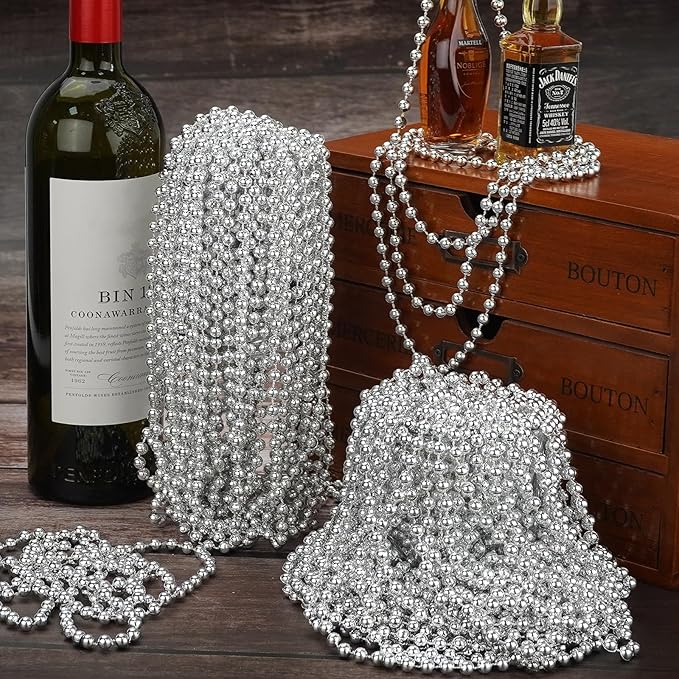 144 PCS Silver Bead Necklaces, Silver Mardi Gras Christmas Beads Necklace, Patriotic Necklaces, 33 Inch Beaded Necklace for Mardi Gras Christmas Party, 4th of July and New Year Eve Festive Events