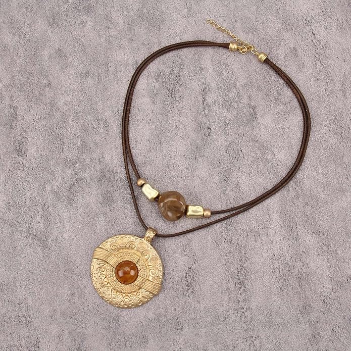 Boho Necklaces for Women Chunky Circle Necklace Layered Boho Circle Leather Choker Necklace Long Vintage Necklaces Bohemian Jewlery Gifts