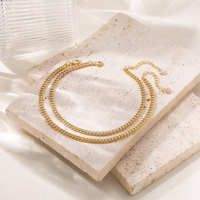 DEARMAY Dainty 14K Gold Plated Ankle Bracelets for Women, Waterproof 14K Gold Plated Link Chain Anklets Non Tarnish Set Pack Summer Beach Jewelry Gift