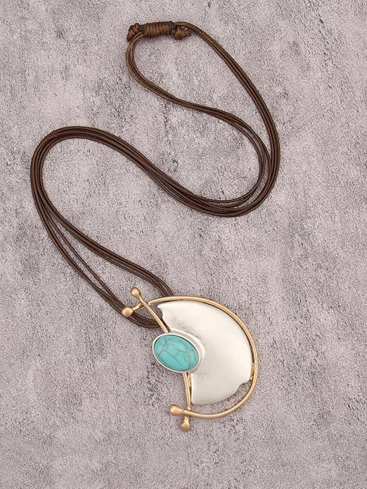 GelConnie Leather Necklace for Women Large Pendant Long Brown Necklace Circle Leather Choker Vintage Sweater Necklace Gold Chunky Boho Necklaces for Women