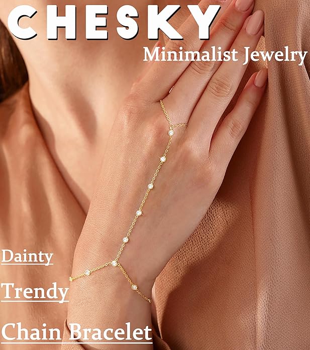 CHESKY 14K Gold Plated Hand Chain Bracelets for Women Set - Dainty Finger Ring Bracelet Stack Adjustable Hand Chains Durable Beaded Bracelets Trendy Simple Body Jewelry Gift for Women
