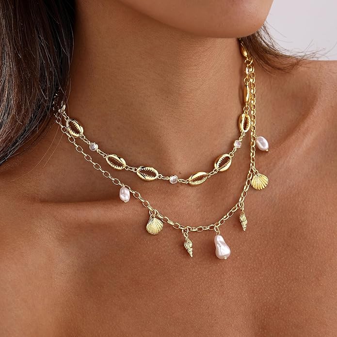 Shell Charm Necklace For Women Stack Seashell Pearl Dainty Starfish Beach Layered 14k Gold Plated Pendant Summer Boho Jewelry Gifts