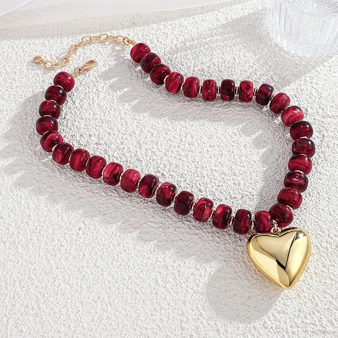 WOWORAMA Chunky Heart Necklaces for Women Colorful Resin Beaded Choker Necklace Gold Puffy Heart Statement Necklace Trendy Acrylic Choker Jewelry