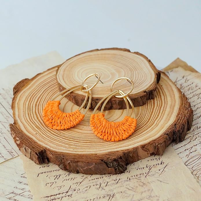 Raffia Hoop Earrings for Women Fun Boho Summer Beach Earrings Lightweight Handmade Straw Wicker Rattan Dangle Earrings Statement Geometric Round Drop Earrings