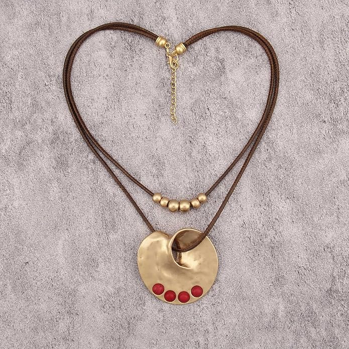 Boho Necklaces for Women Chunky Circle Necklace Layered Boho Circle Leather Choker Necklace Long Vintage Necklaces Bohemian Jewlery Gifts