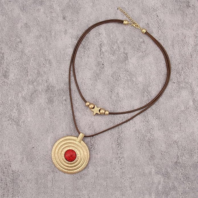 Boho Necklaces for Women Chunky Circle Necklace Layered Boho Circle Leather Choker Necklace Long Vintage Necklaces Bohemian Jewlery Gifts