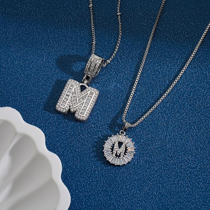 Initial Letter Necklace for Women 14k White Gold Silver Plated Dainty Necklaces Trendy Chunky Custom Layered Necklace Set Personalized Round Circle Zirconia A-Z Letter Chain Pendant Jewelry Gift