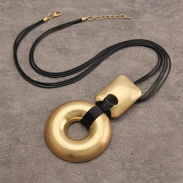 GelConnie Leather Necklace for Women Large Pendant Long Brown Necklace Circle Leather Choker Vintage Sweater Necklace Gold Chunky Boho Necklaces for Women