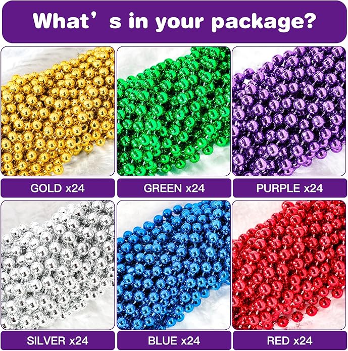 144 Pcs Mardi Gras Beads Bulk, 33 Inch 7mm Carnival Beaded Necklaces Decorations For Mardi Gras Festivals, Mardi Gras Parades, Night Club Dress-up Events Party Costume