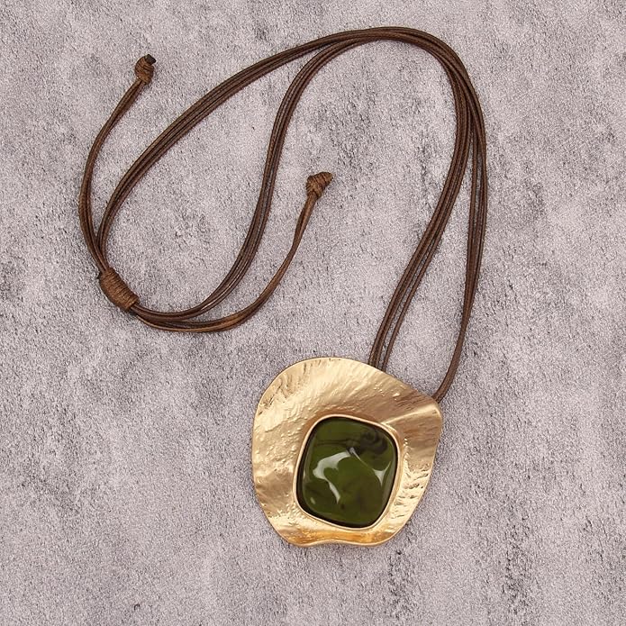 GelConnie Leather Necklace for Women Large Pendant Long Brown Necklace Circle Leather Choker Vintage Sweater Necklace Gold Chunky Boho Necklaces for Women